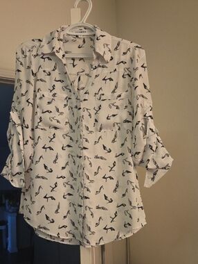 Express White Button-Down Shirt with Black Shoes Print
